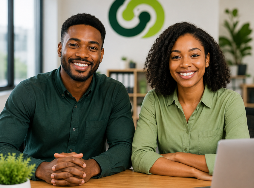 Team members collaborating in a modern office